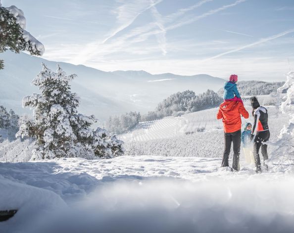 Eine Familie wandert im Schnee