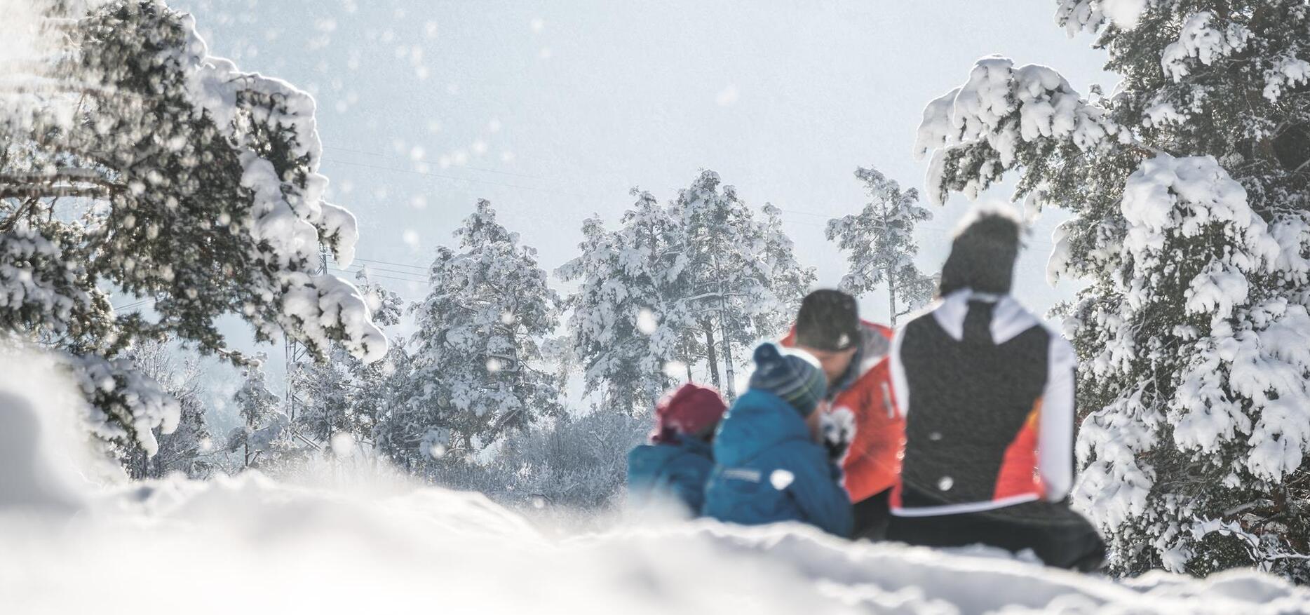 A family is playing in the snow