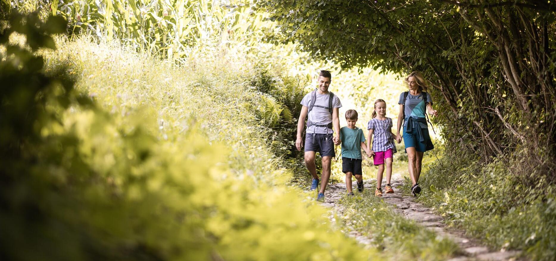 Eine Familie mit zwei Kindern wandert