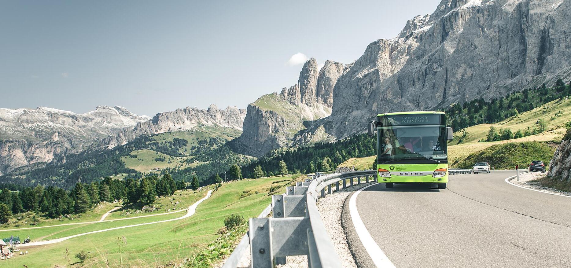 A bus is heading to Pordoi Pass