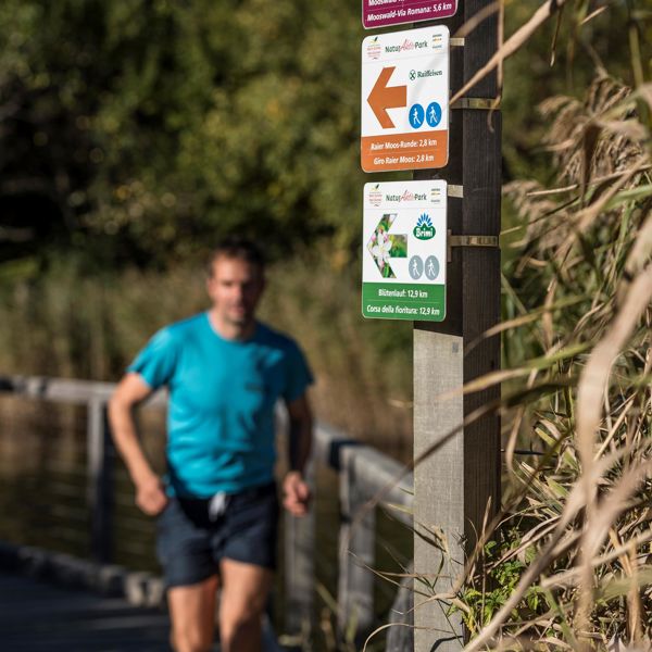Ein Mann läuft den Blütenweg entlang