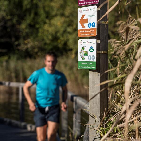 Ein Mann läuft den Blütenweg entlang