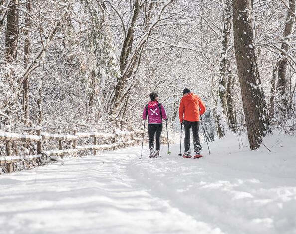 A man and a woman are snowshoeing
