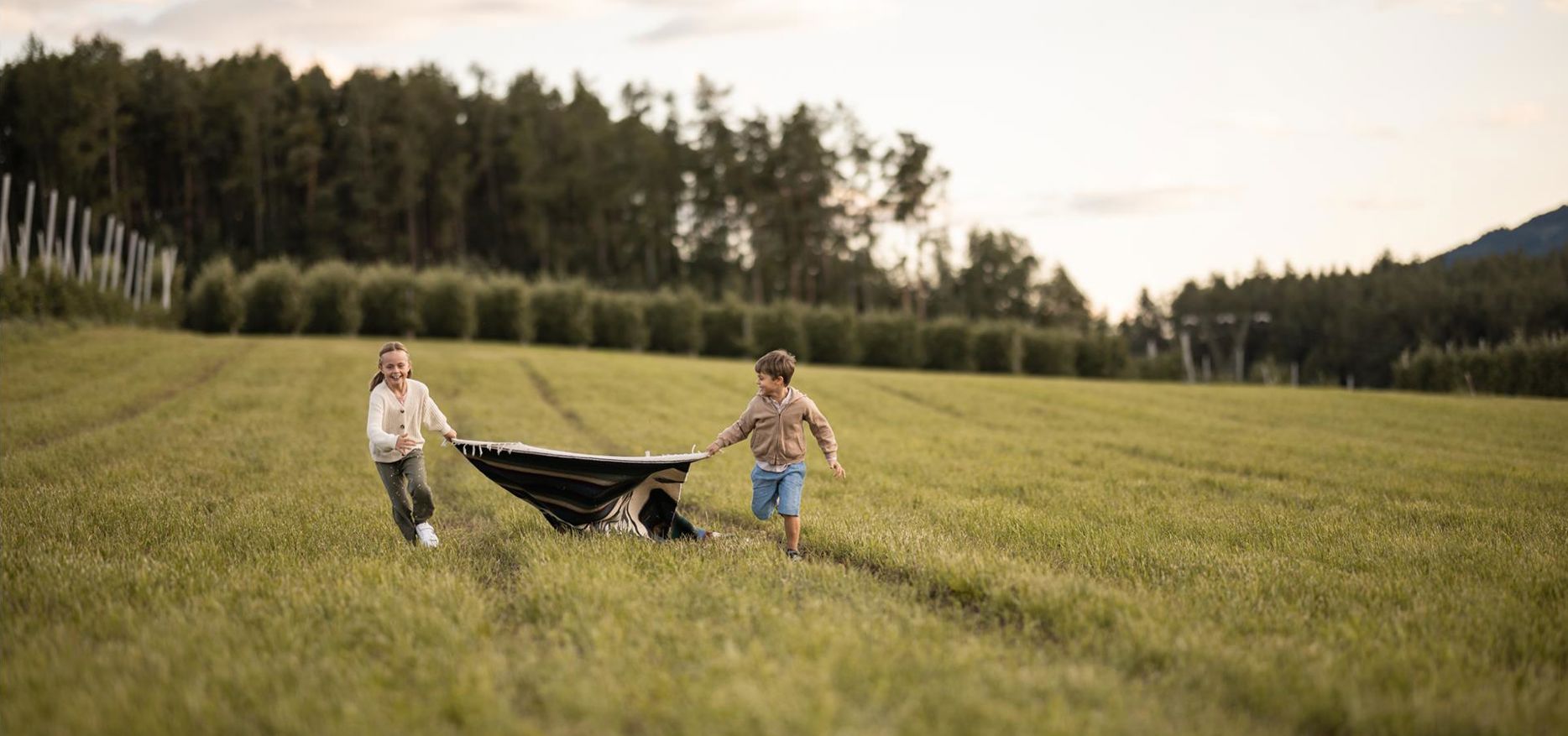 Two children are pulling a picnic blanket along a meadow